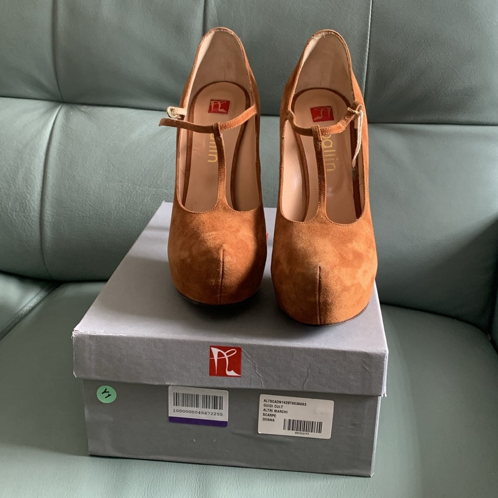Ballin Camel Suede Hidden Platforms T-strap Pump